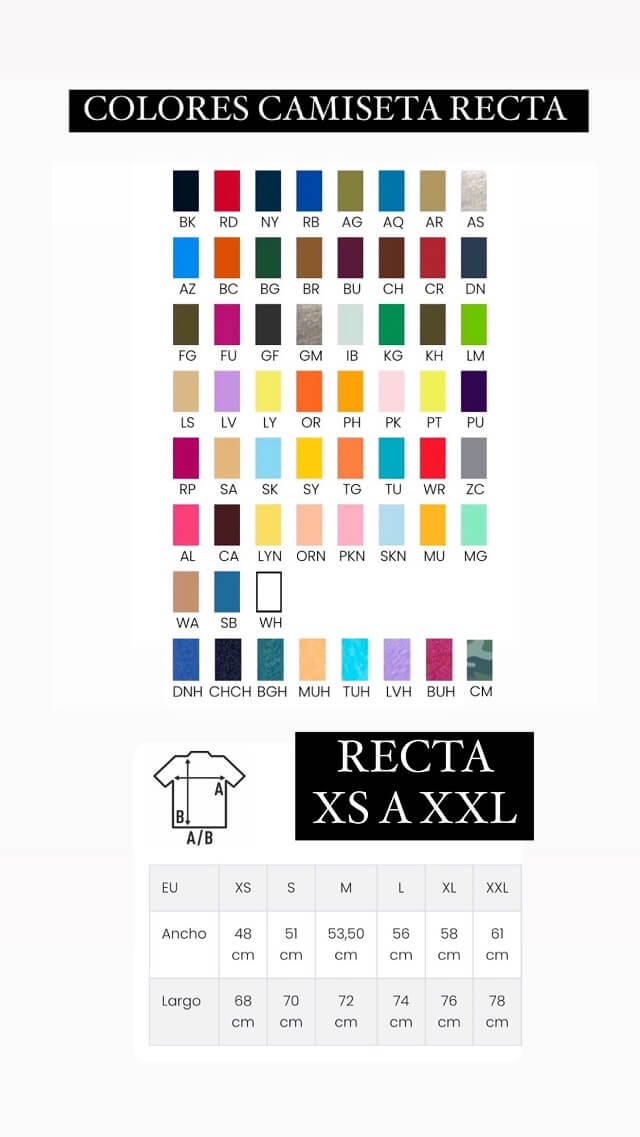 colores tallas camiseta recta XS a XXL
